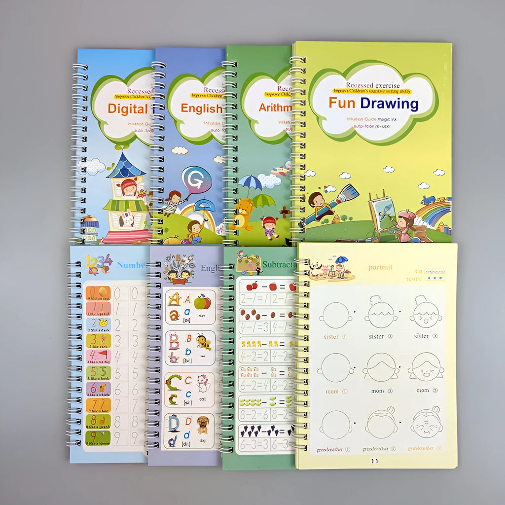 Magic calligraphy copybook set for children with stylus pen and refills, showing square slot design.