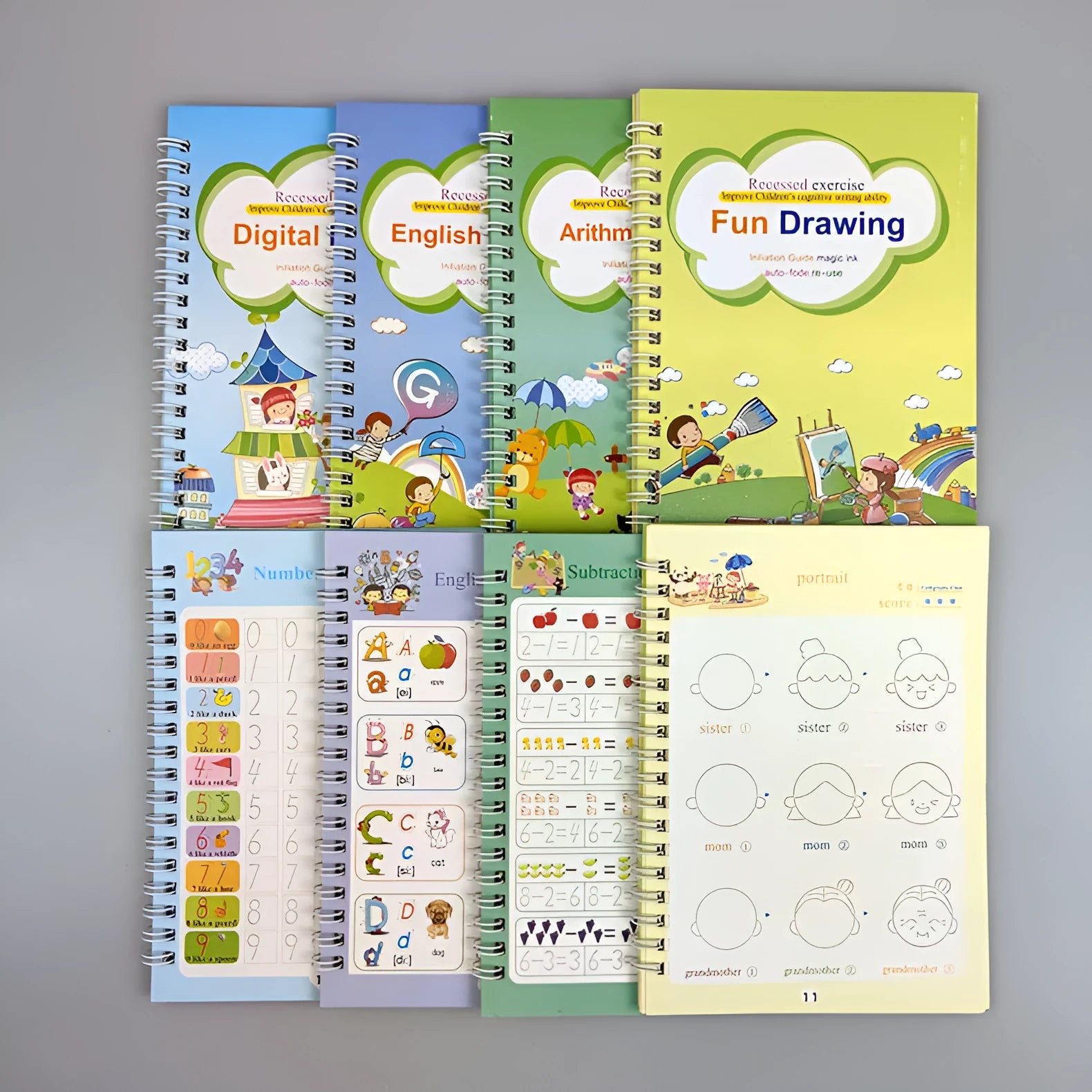 Magic calligraphy copybook set for children with stylus pen and refills, showing square slot design.