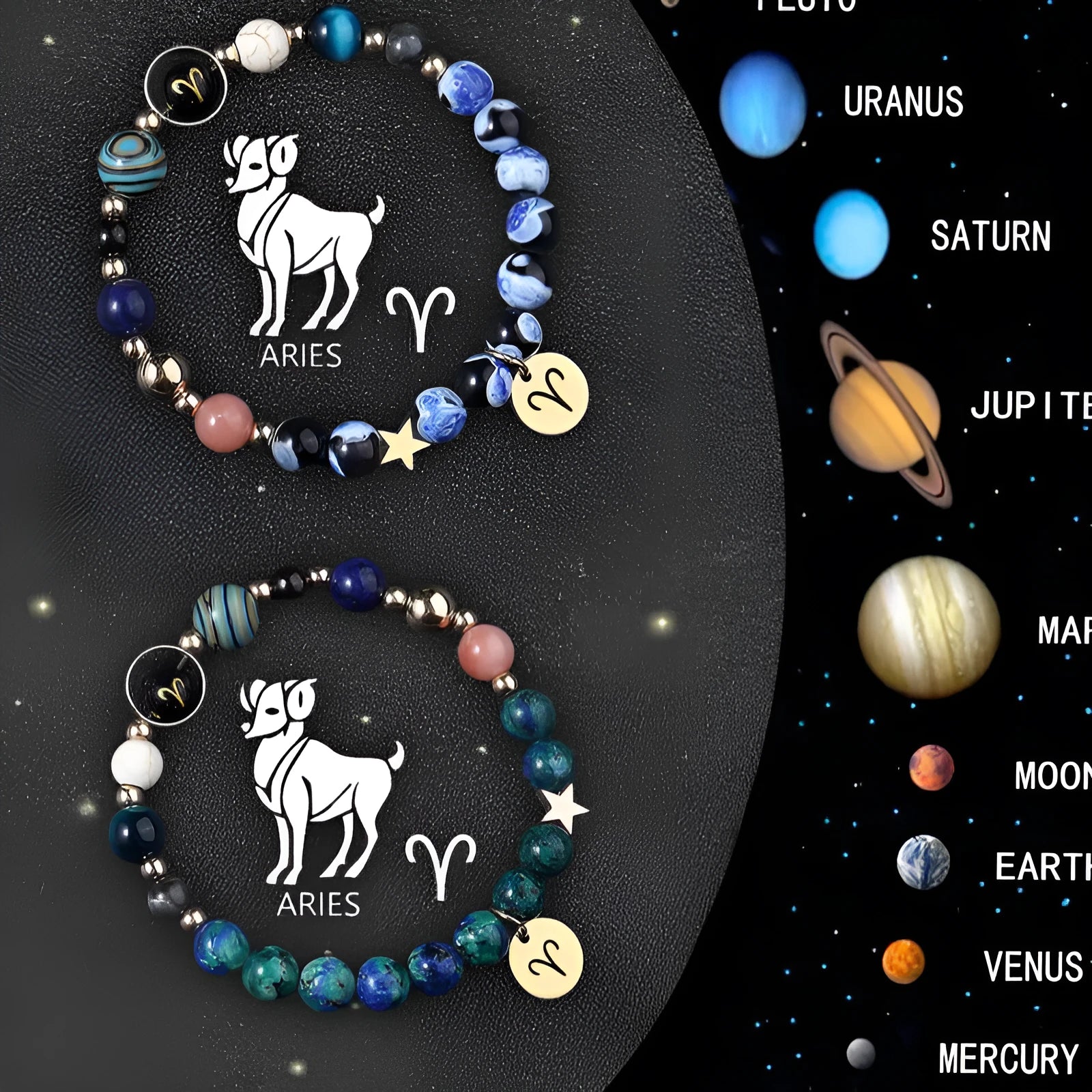 Set of twelve beaded bracelets for each zodiac sign with natural stone and crystal beads.