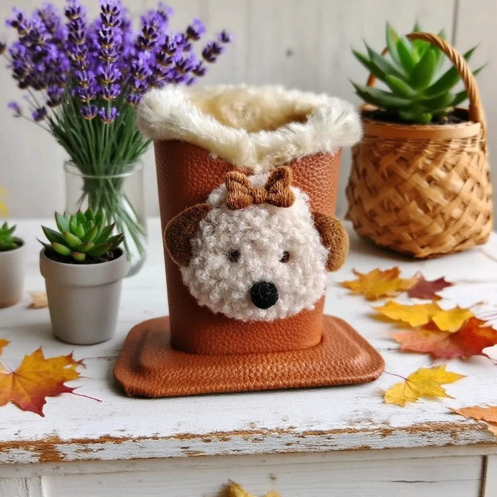 Nordic style fluffy cartoon desktop glasses storage bucket in leather with animal design, 11.6x8.1x12cm