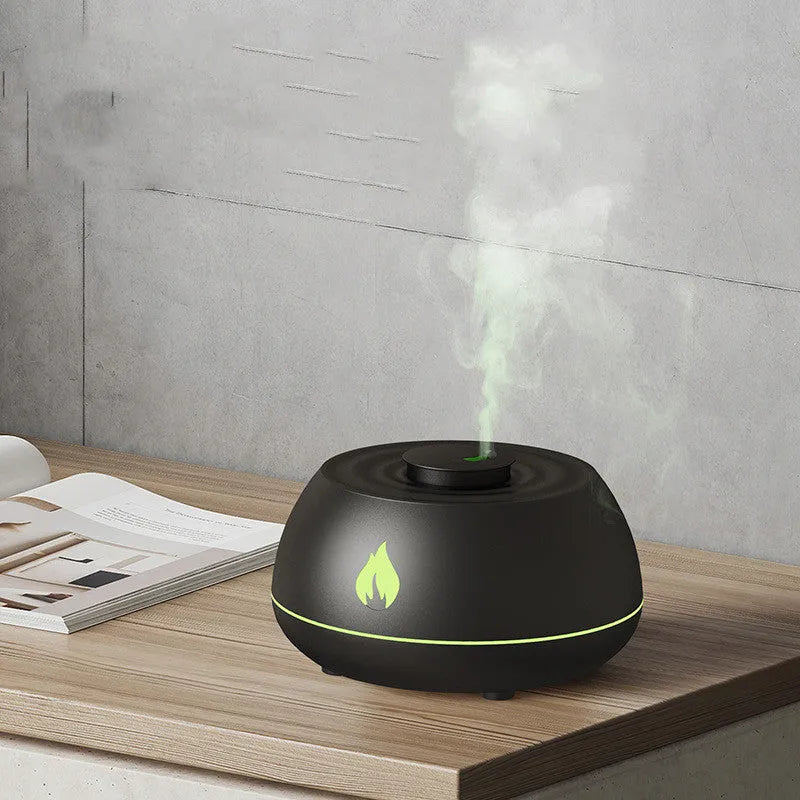 Flame humidifier aromatherapy diffuser with 7 colours light and 130ml USB tank in black