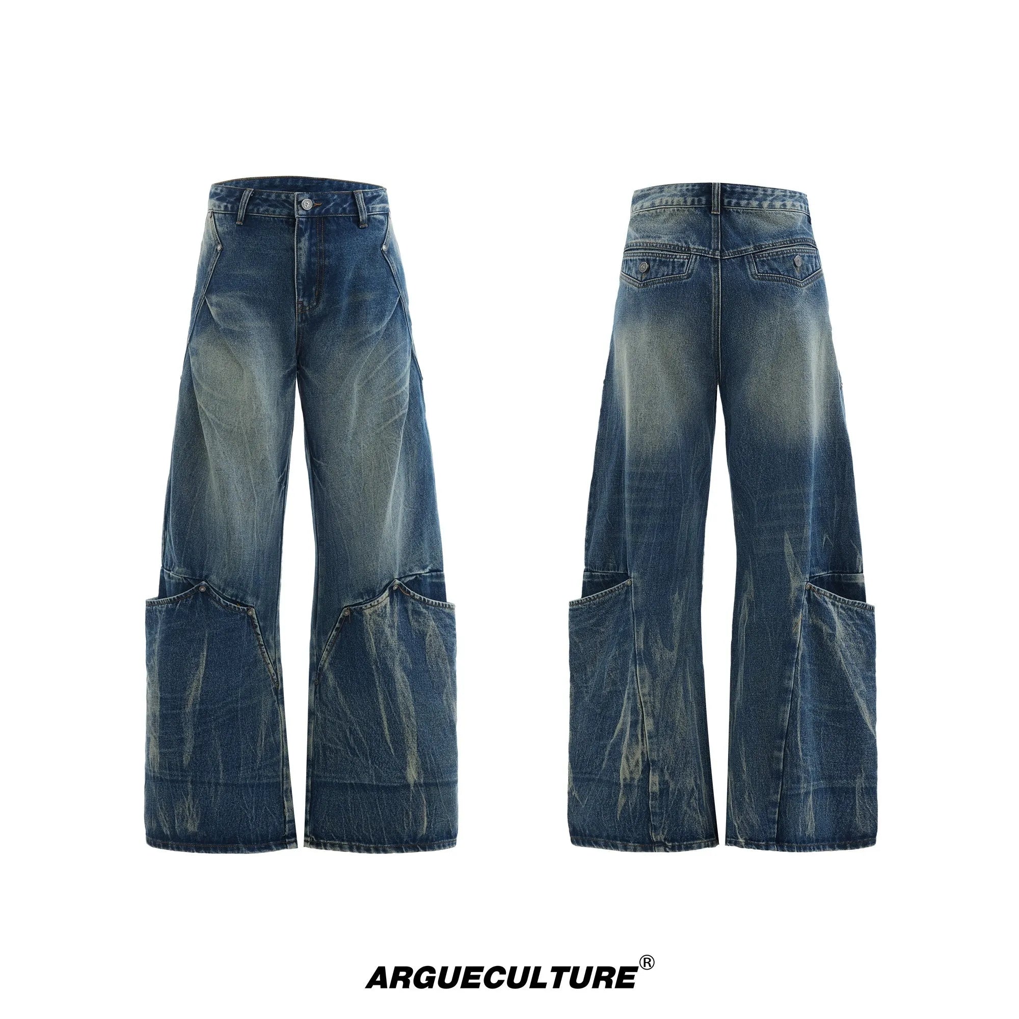 Man wearing verdant blue retro washed burst pattern loose fit jeans with a curved knife design.