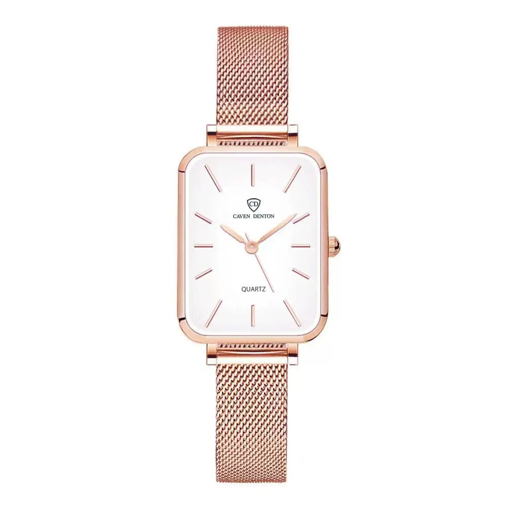 Women's waterproof quartz watch with 34mm alloy case and woven steel strap in rose gold colour