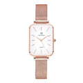 Women's waterproof quartz watch with 34mm alloy case and woven steel strap in rose gold colour