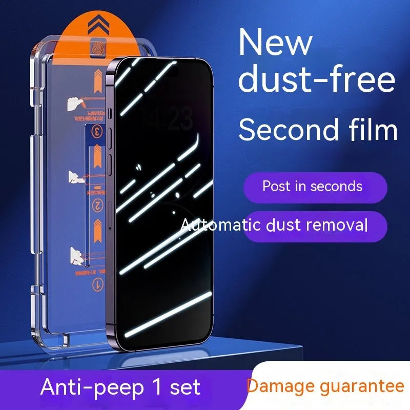 Dust-free warehouse tempered glass screen protector for iPhone showing HD and peep-proof privacy options