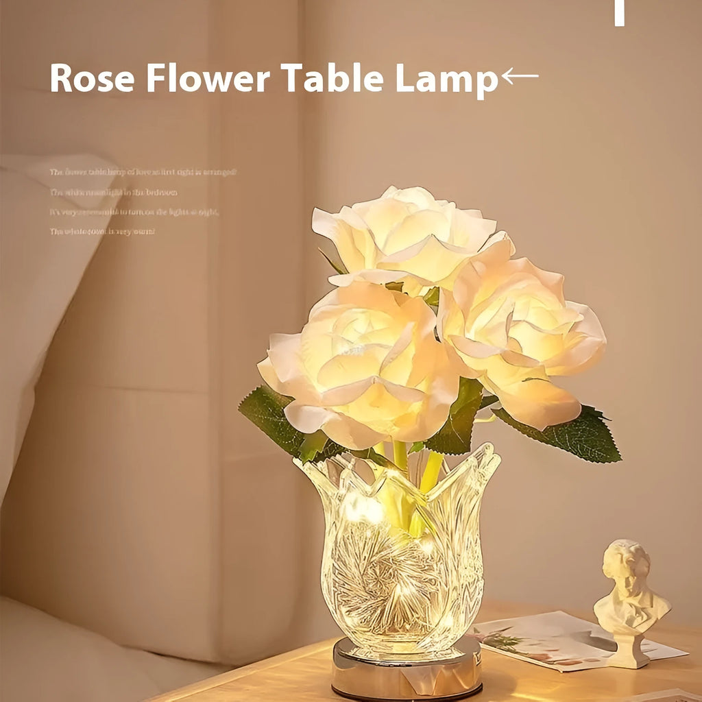 Modern crystal flower design bedside lamp with touch dimming control on a wooden table.