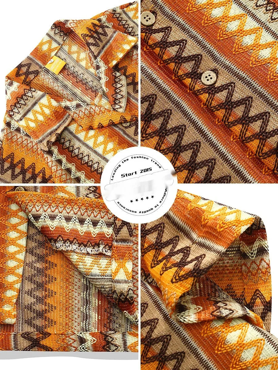Ethnic style woven shirt with Cuban collar and contrast colours, shown in a loose fit with short sleeves.