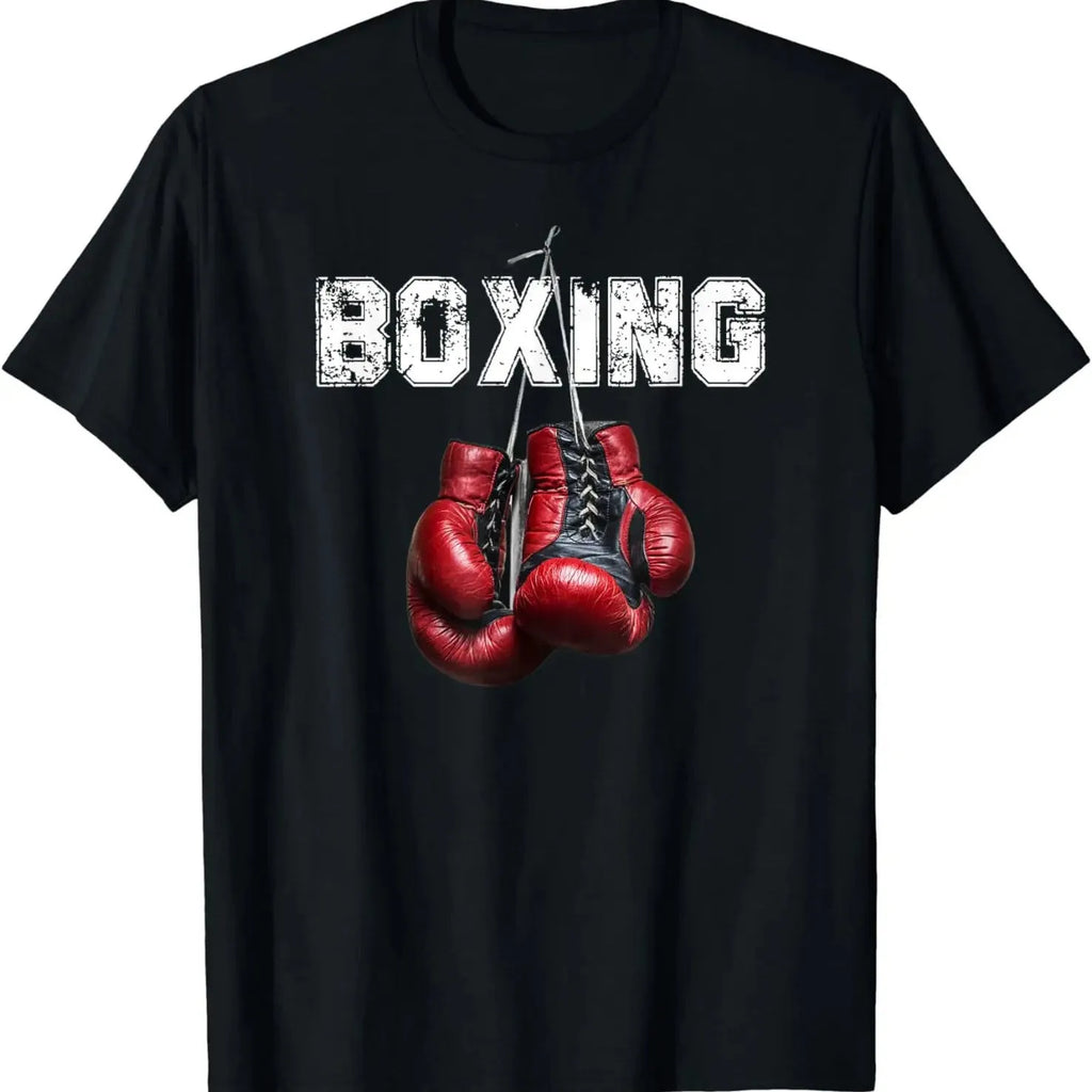 Fun pattern boxing short sleeve cotton T-shirt for men, loose fit, black KCAT213, front view