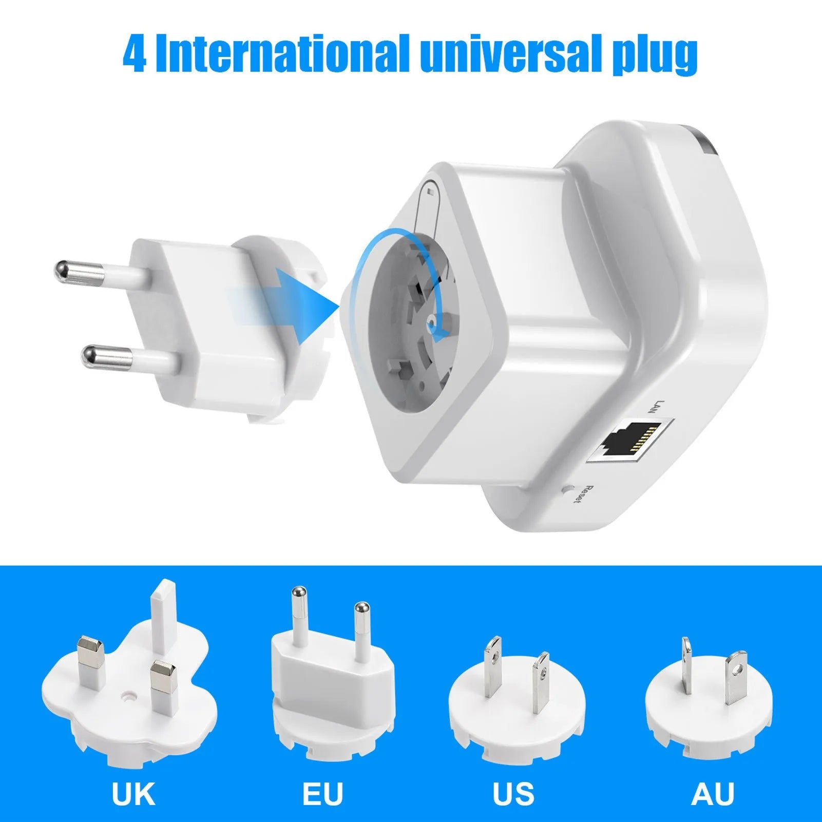 WiFi network extender in white with antenna, ABS build, 10 km range, EU plug variant