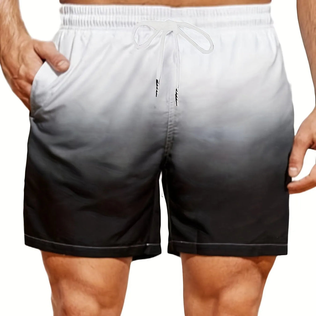 Men's gradient colour 3D digitally printed mesh sports shorts on a size chart.