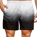 Men's gradient colour 3D digitally printed mesh sports shorts on a size chart.