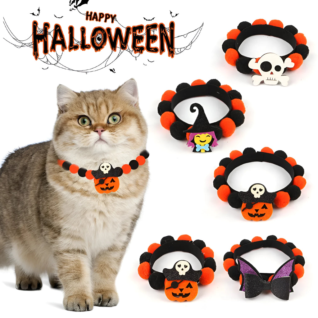 Halloween pet fur ball collar accessory for small dogs and cats in pumpkin, skull, and witch designs.