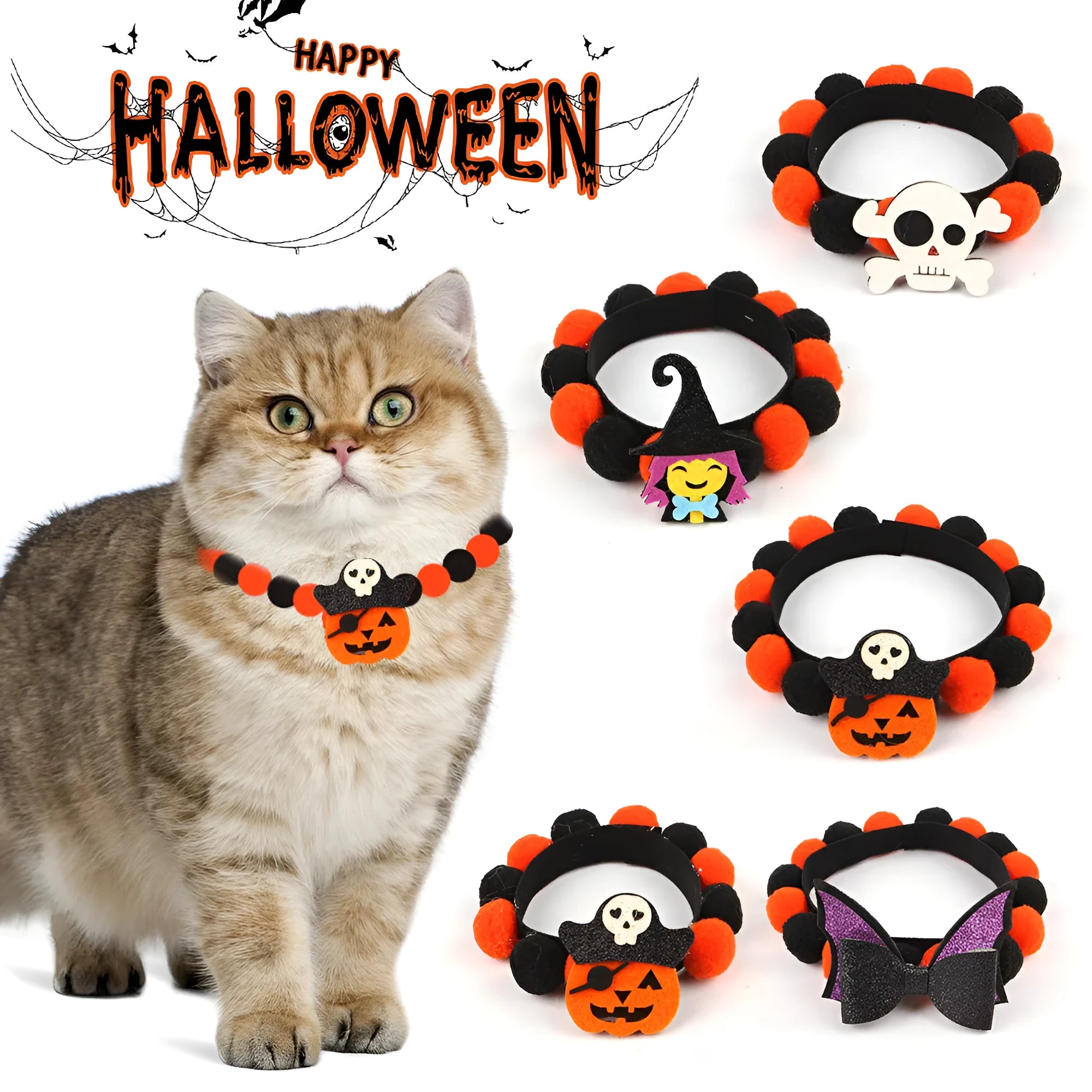 Halloween pet fur ball collar accessory for small dogs and cats in pumpkin, skull, and witch designs.