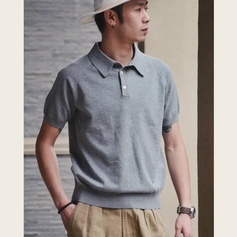 Retro slim fit knitted cotton short-sleeved T-shirt in a solid dark brown colour