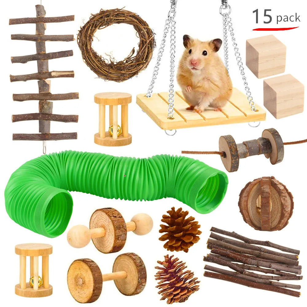 Wooden pet toy set with molar stick, straw mattress and woven balls for rabbits, guinea pigs and parrots