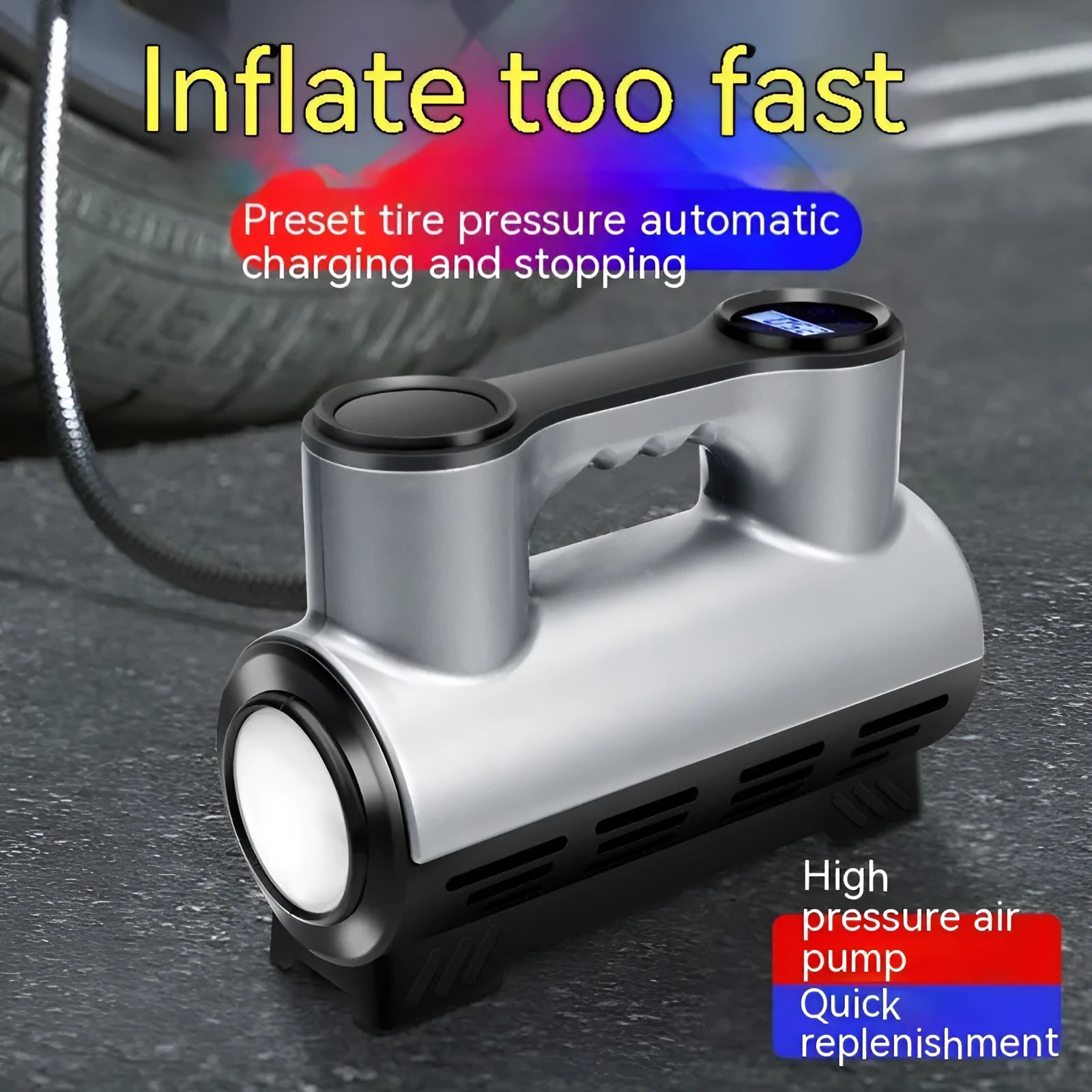 12V portable car tyre inflator with ABS housing, digital display, and multiple air nozzles