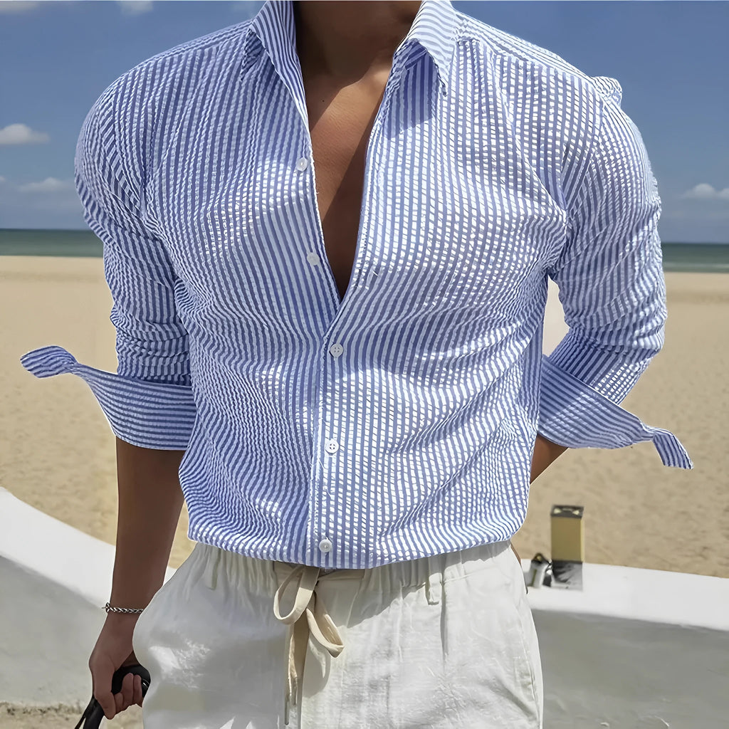 Fashion striped cardigan lapel long sleeve shirt in polyester, available in multiple colours and sizes