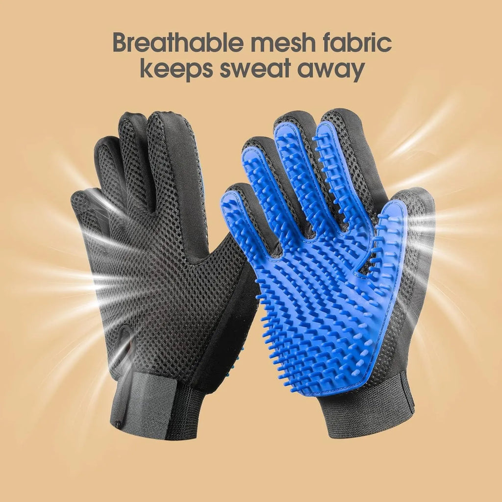 Blue pet grooming glove with silicone tips for dog cat horse hair removal during brushing and bathing