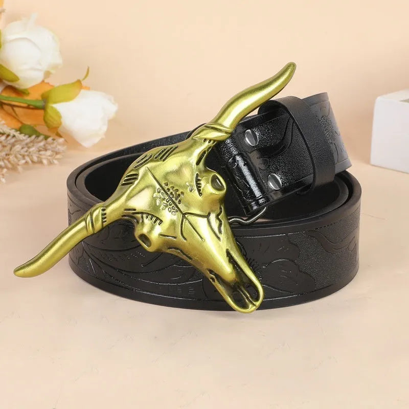 Men's imitation leather belt with electroplated cow head alloy buckle, 125 cm length