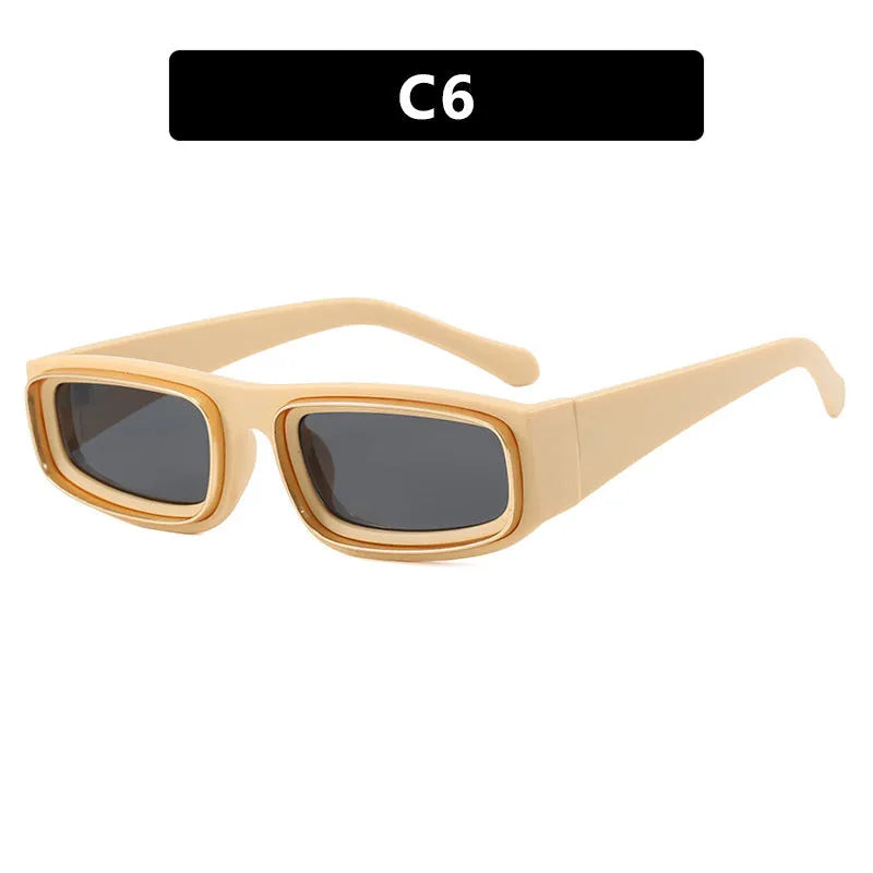 Double circle narrow frame square sun glasses in black with gray lens, retro punk street style design