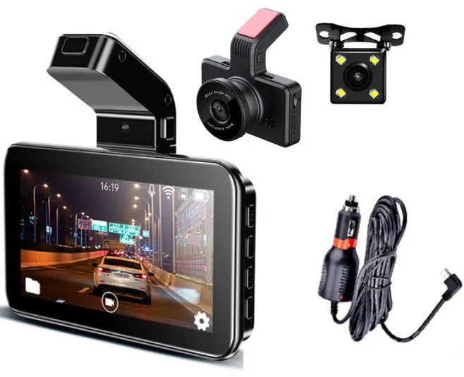 3-inch screen dual lens car DVR dash cam with front and rear cameras on a black unit