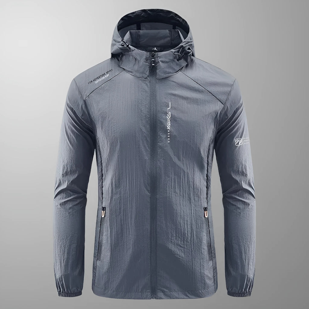 Men's thin summer hooded jacket in nylon fabric showing loose fit and available colour options