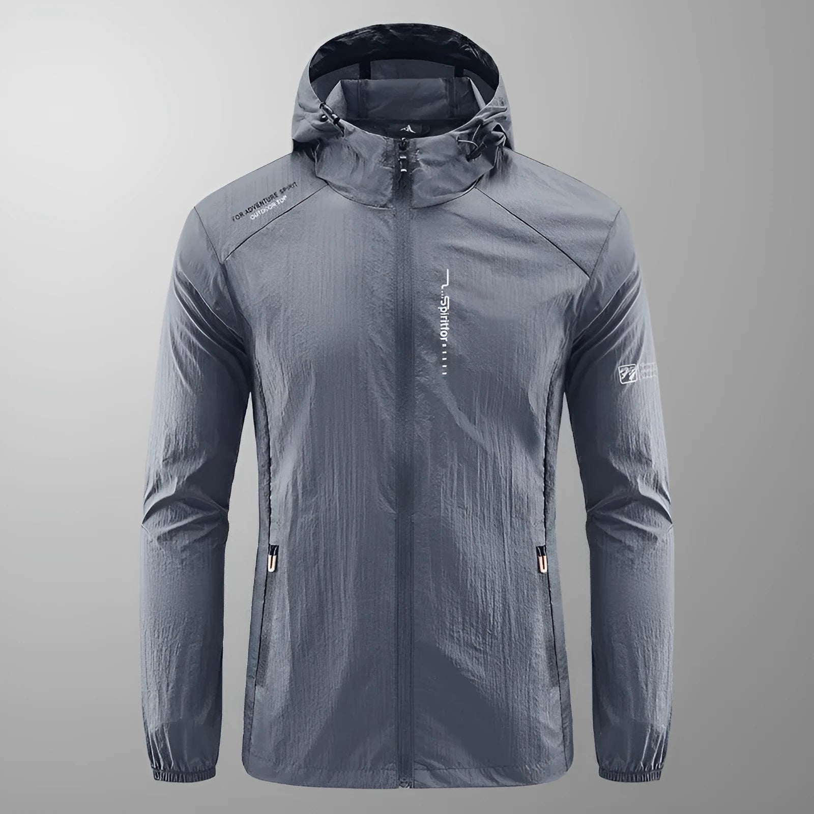 Men's thin summer hooded jacket in nylon fabric showing loose fit and available colour options