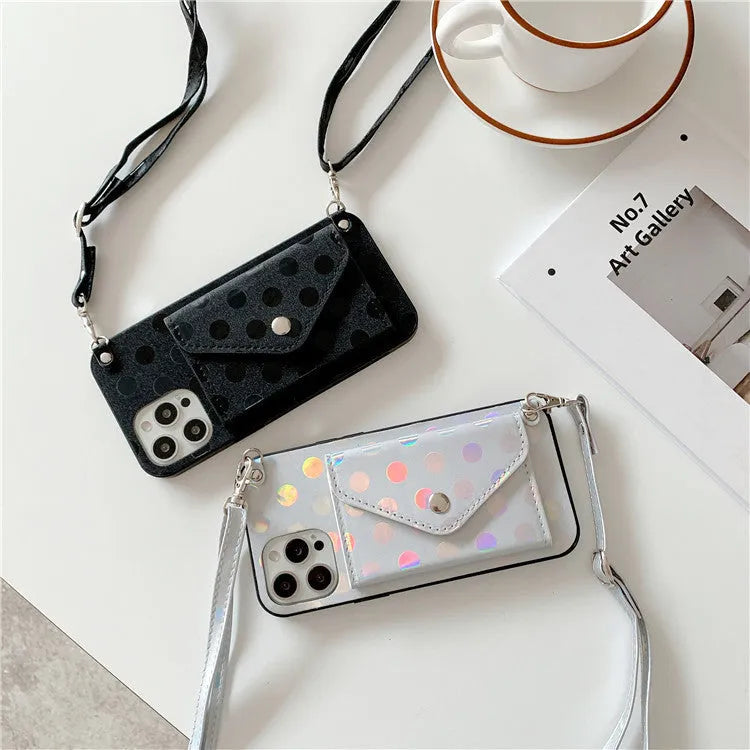 Black silicone iPhone back cover case with a diagonal card slot and wave point texture pattern.