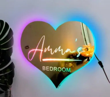 Personalised acrylic LED name mirror light with custom photo, soft glow, and remote control