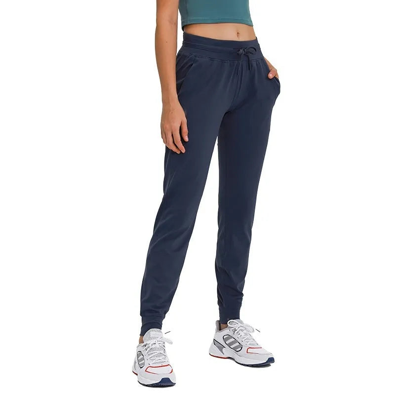Women's high waist yoga pants with drawstring elastic waistband in quick-drying fabric