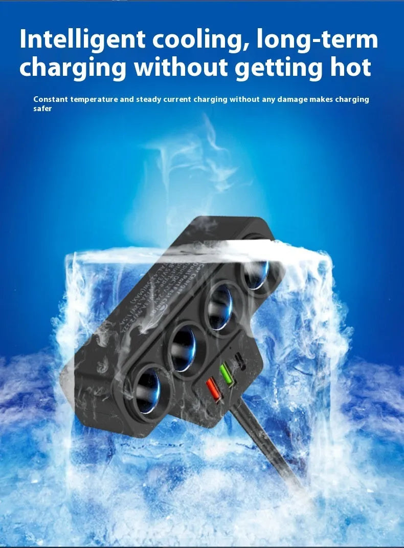 Car-mounted multi-function fast charging universal cigarette lighter with dual USB ports QC and PD support, 120W output
