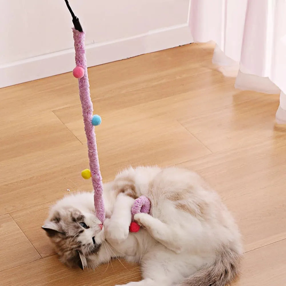 Interactive cat wand toy with colourful fluffy ball and bell on 60cm plush strip
