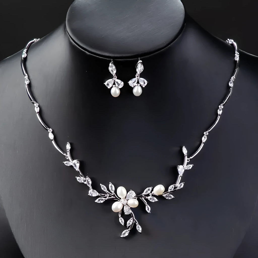 Sweet Pearl Zircon ear stud and necklace jewellery suit in copper alloy with electroplated finish