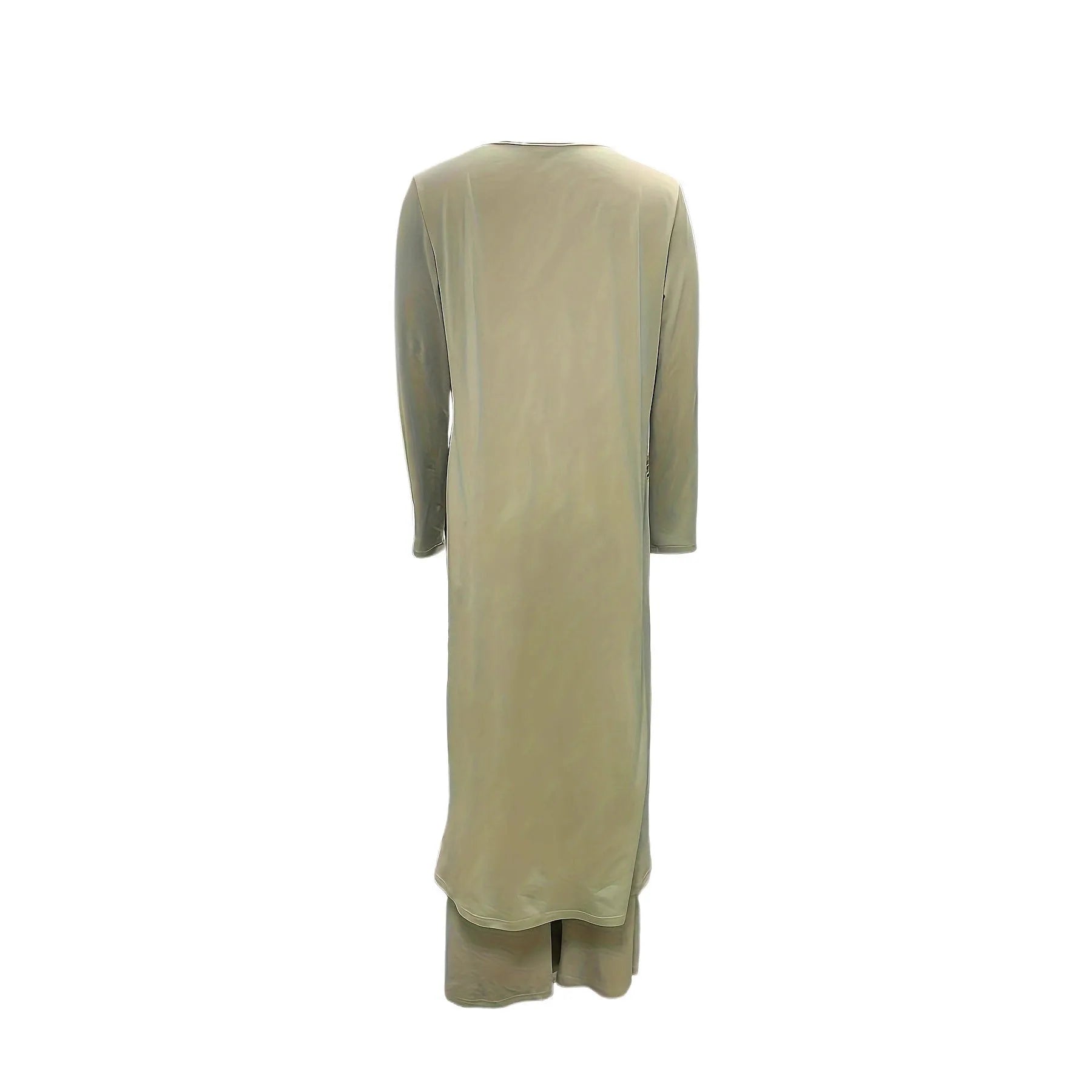 Casual loose-fit two-piece set with a round neck long sleeve top and matching trousers in khaki colour.