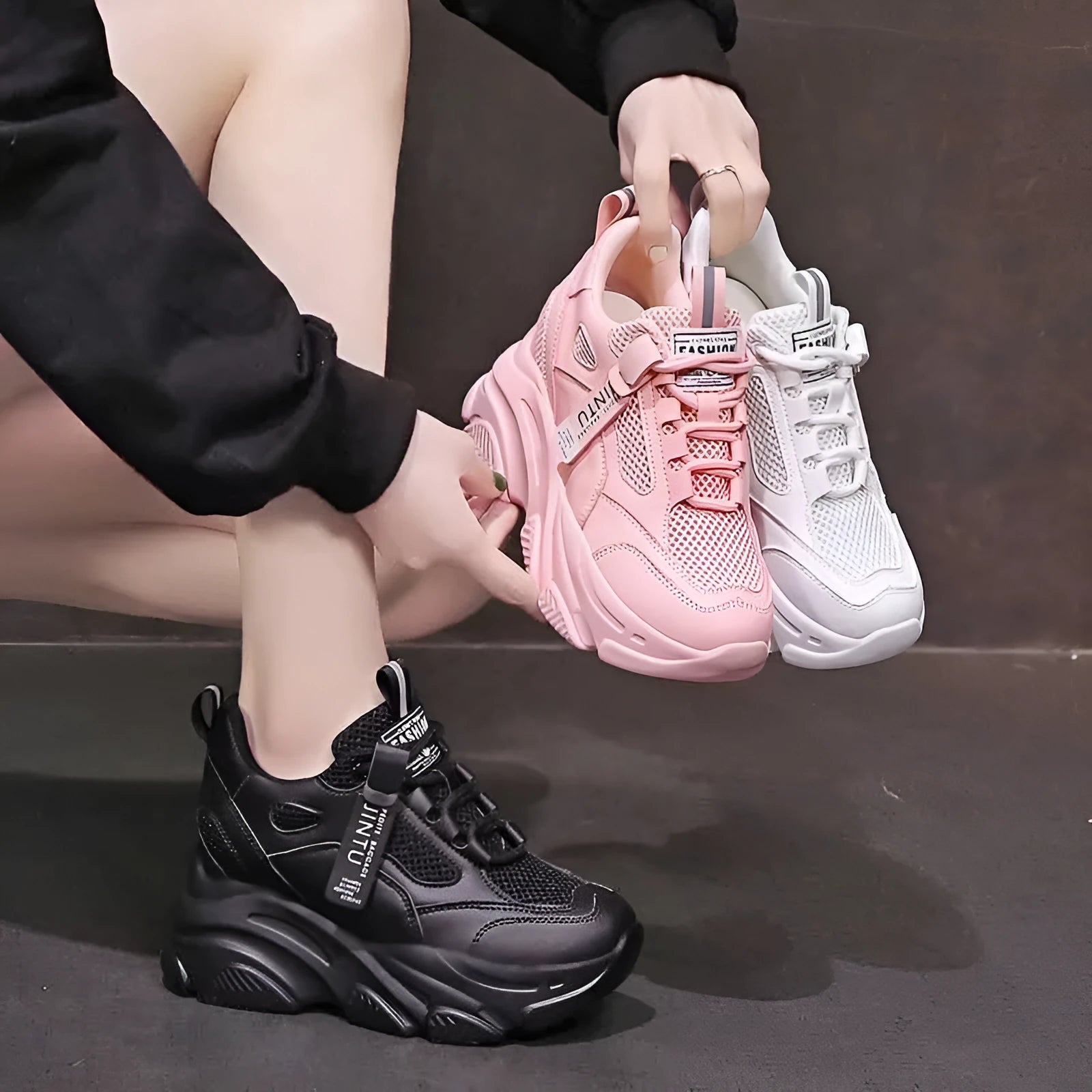 Women's black mesh platform casual shoes with hollow-out design and a TPR sole.
