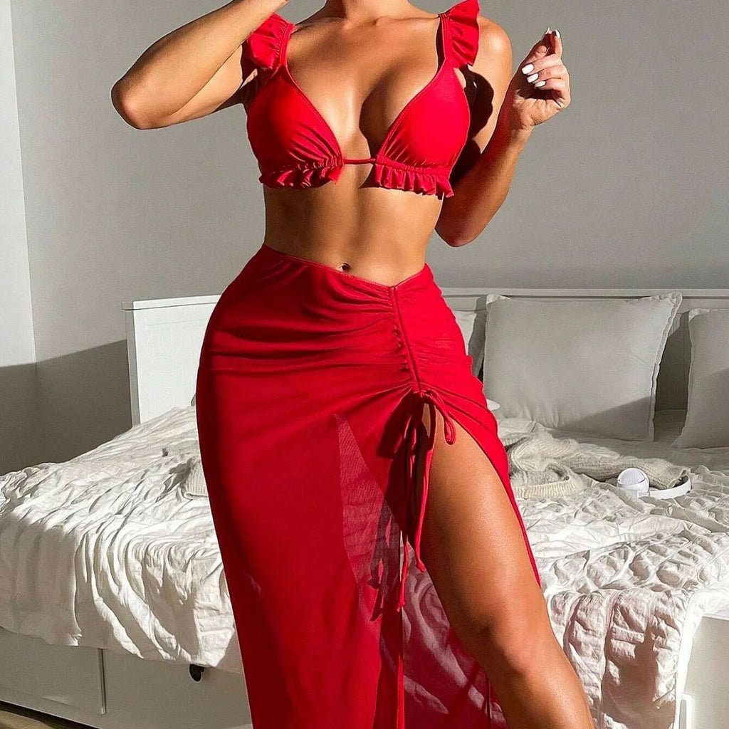 Women's printed split design swimsuit three-piece set with skirt in multiple colour options