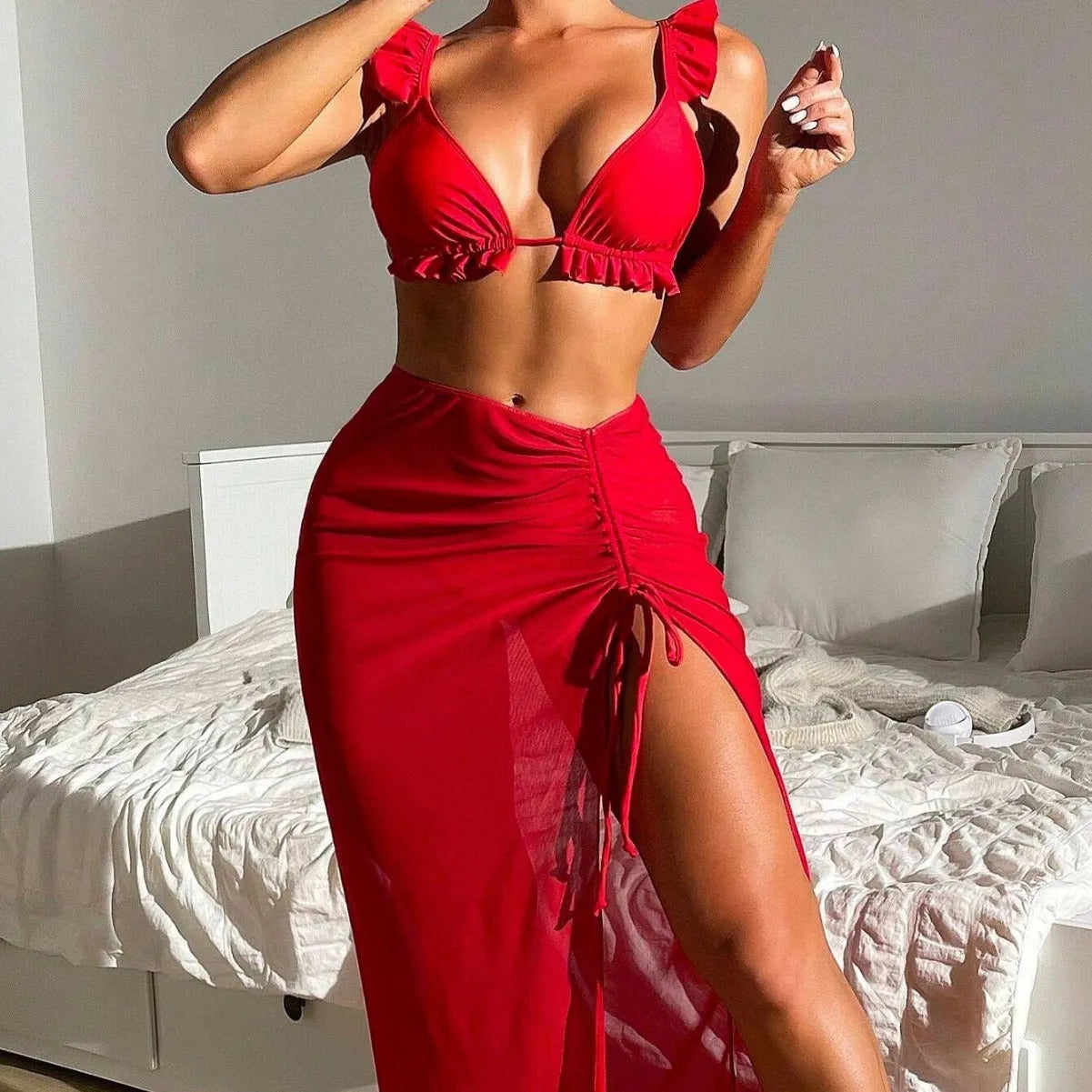 Women's printed split design swimsuit three-piece set with skirt in multiple colour options