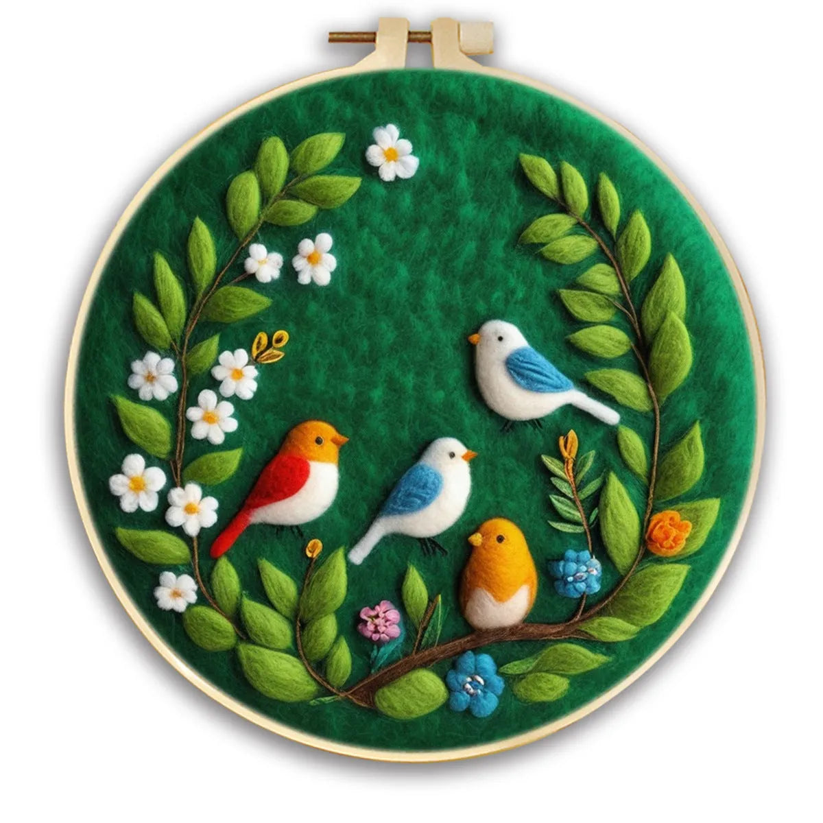 Round 20x20 cm linen embroidery kit with wool felt pieces for floral design and included embroidery frame.