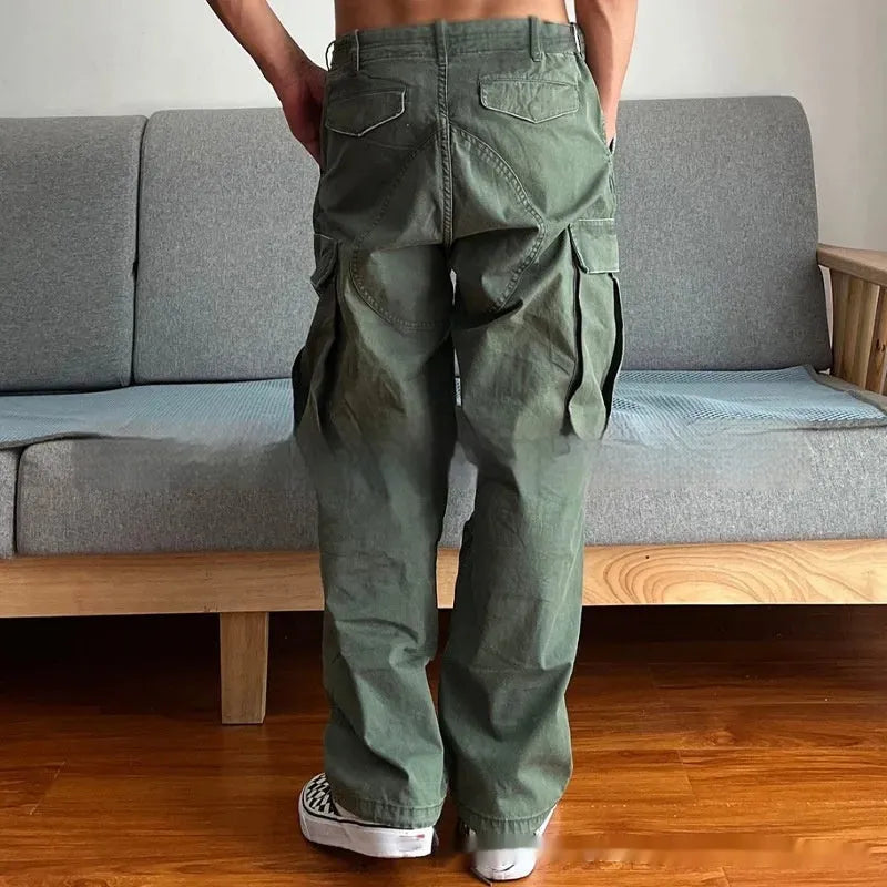 Men's large loose pockets wear-resistant washing paratrooper pants in Army Green cotton fabric