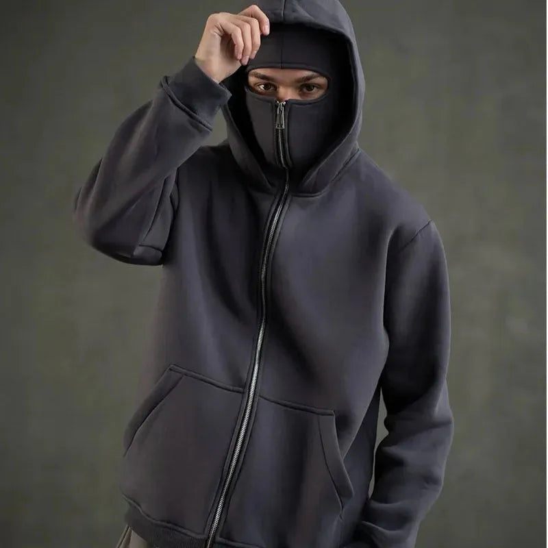 Women's loose fit solid colour polyester fleece zip top with faux fur trim on hood, front view