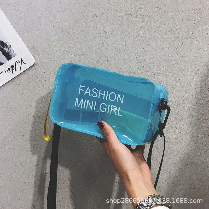 Clear square jelly shoulder bag with adjustable strap in various colours on a white background.