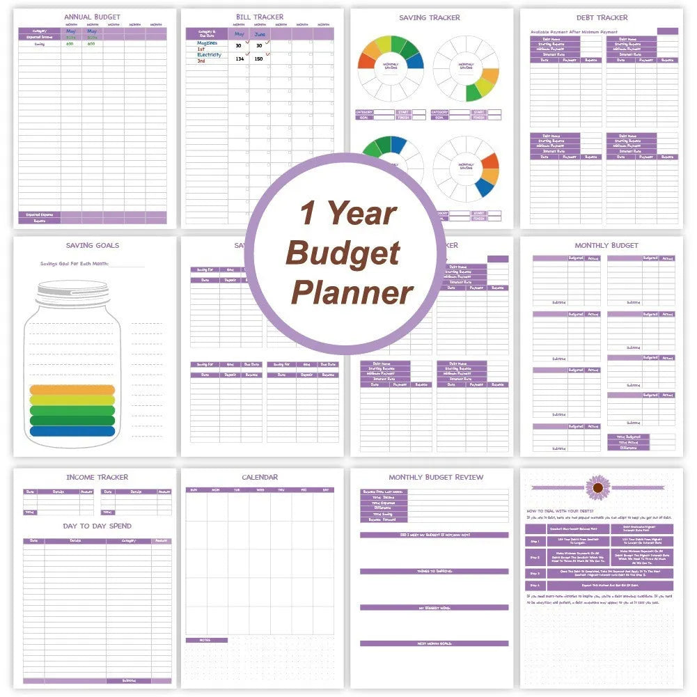 Purple coil-bound financial planning notebook with budgeting stickers and paper clips for monthly expense tracking