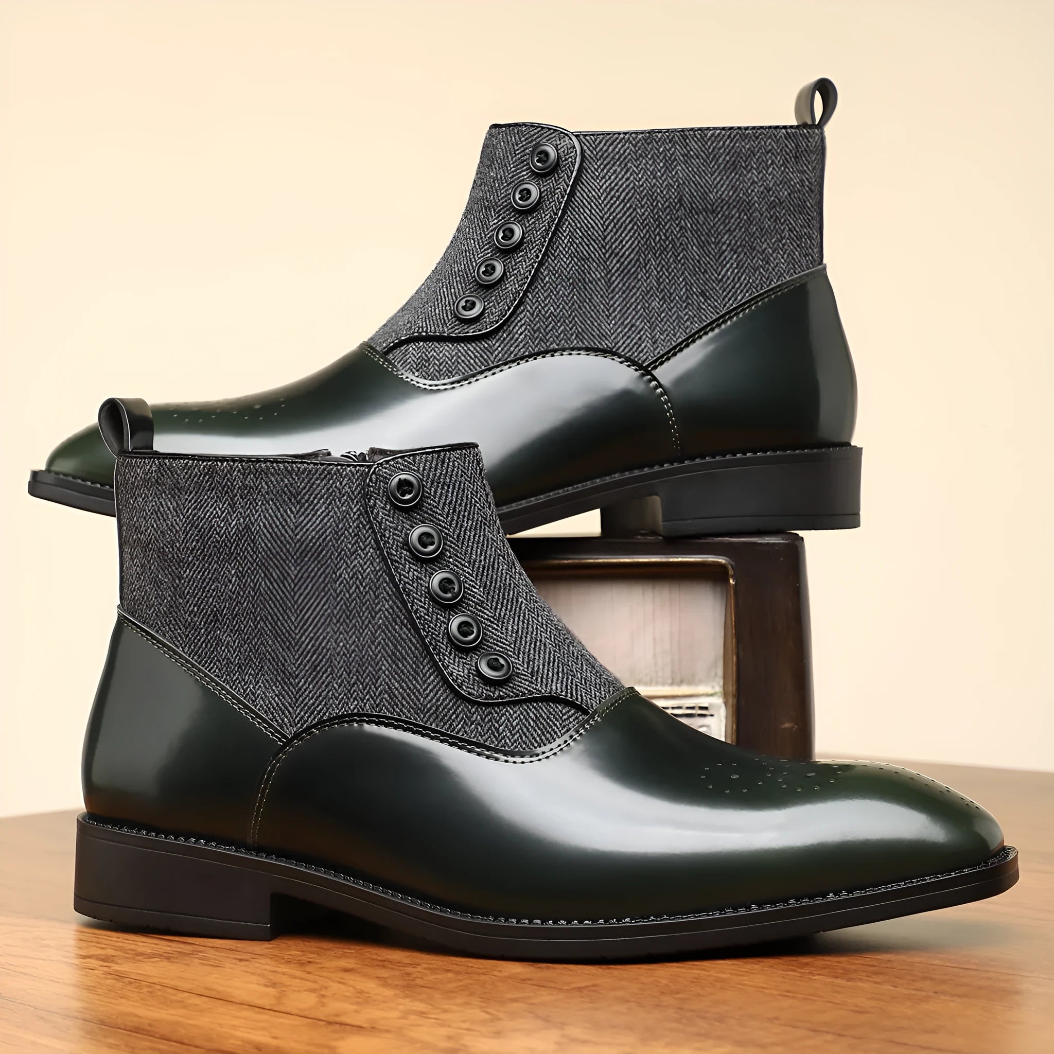 Men's brown and green retro formal leather-style shoes with side zipper and square toe.