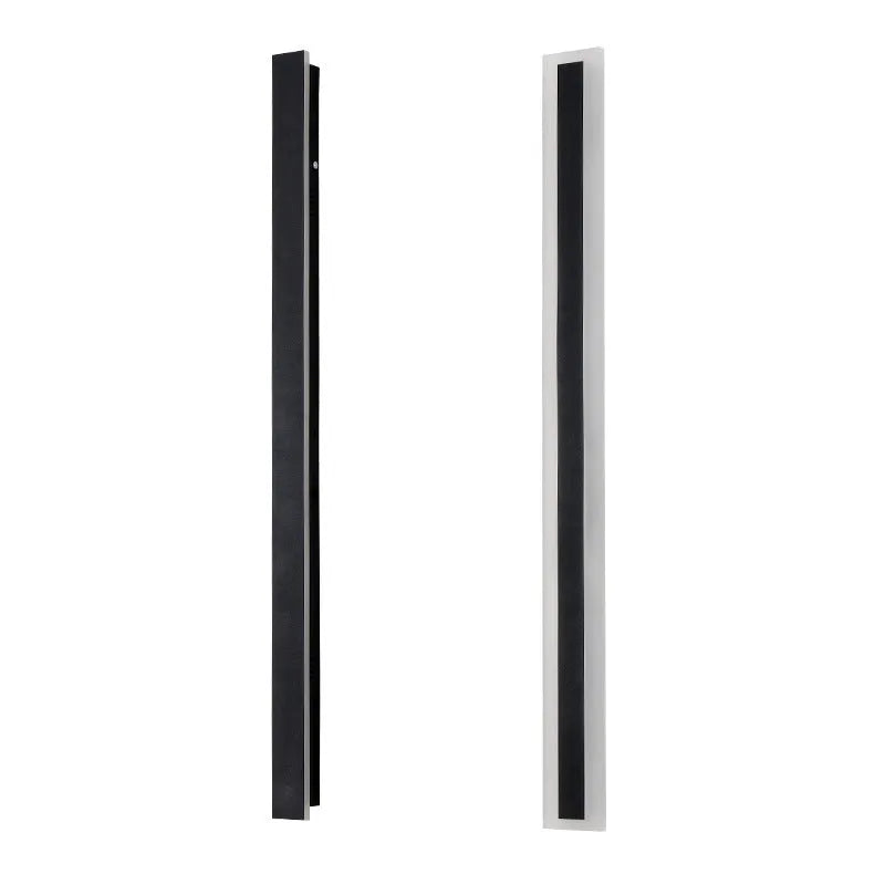 150cm long straight outdoor LED wall lamp with black wrought iron shell and warm white light.