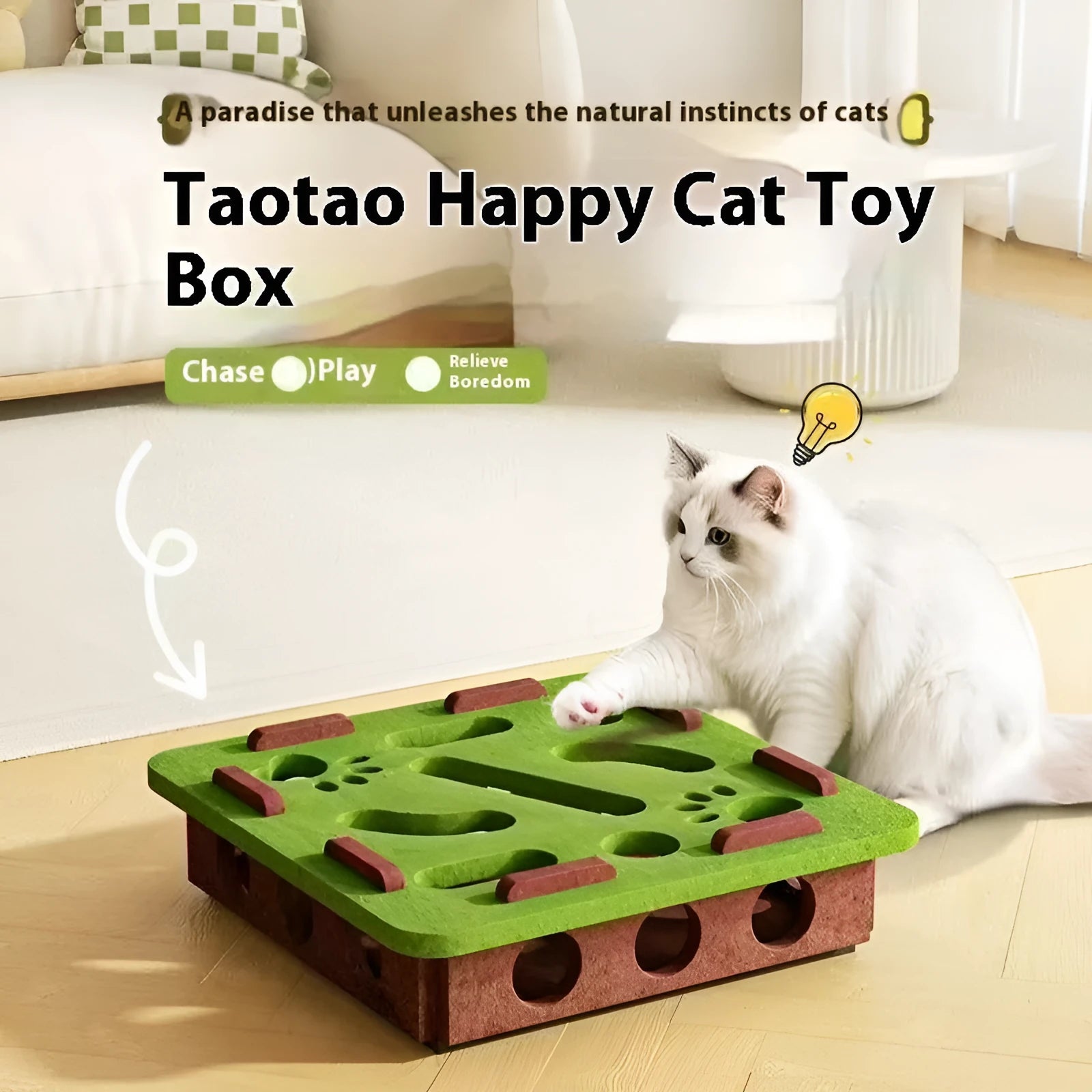 Handmade felt cat toy box in green brown colour, dimensions 30x30x7.5 cm