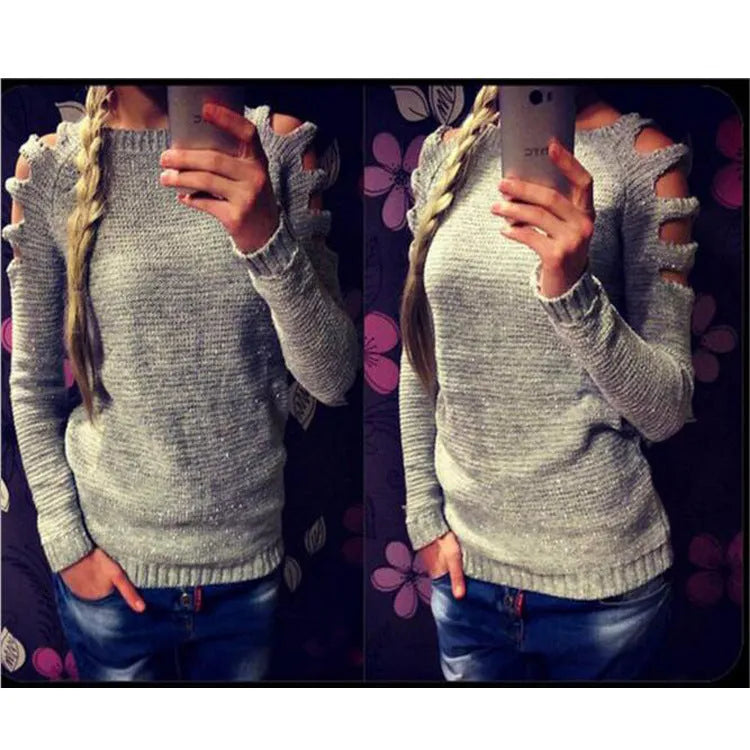 Women's solid colour knitted shirt with crocheted hollow-out long sleeves and round neck.