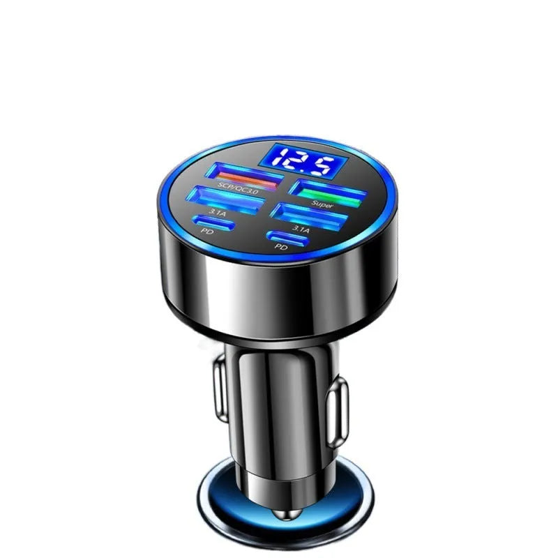 Six-in-one multi-port digital display car charger with 4 USB and 2 PD ports black 27W