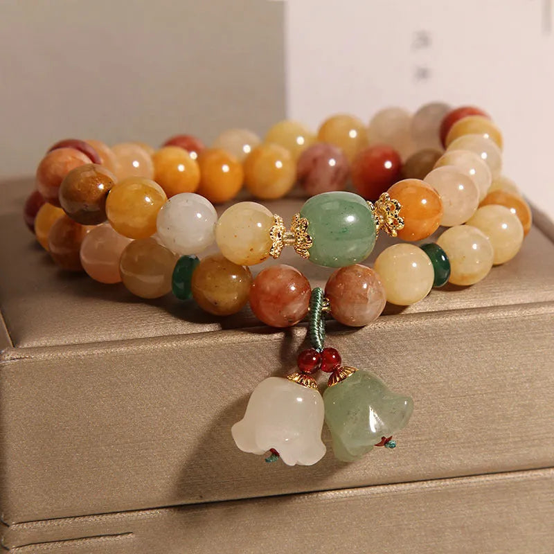 Natural jade multi-layer bracelet with orchid pendant charm and adjustable closure