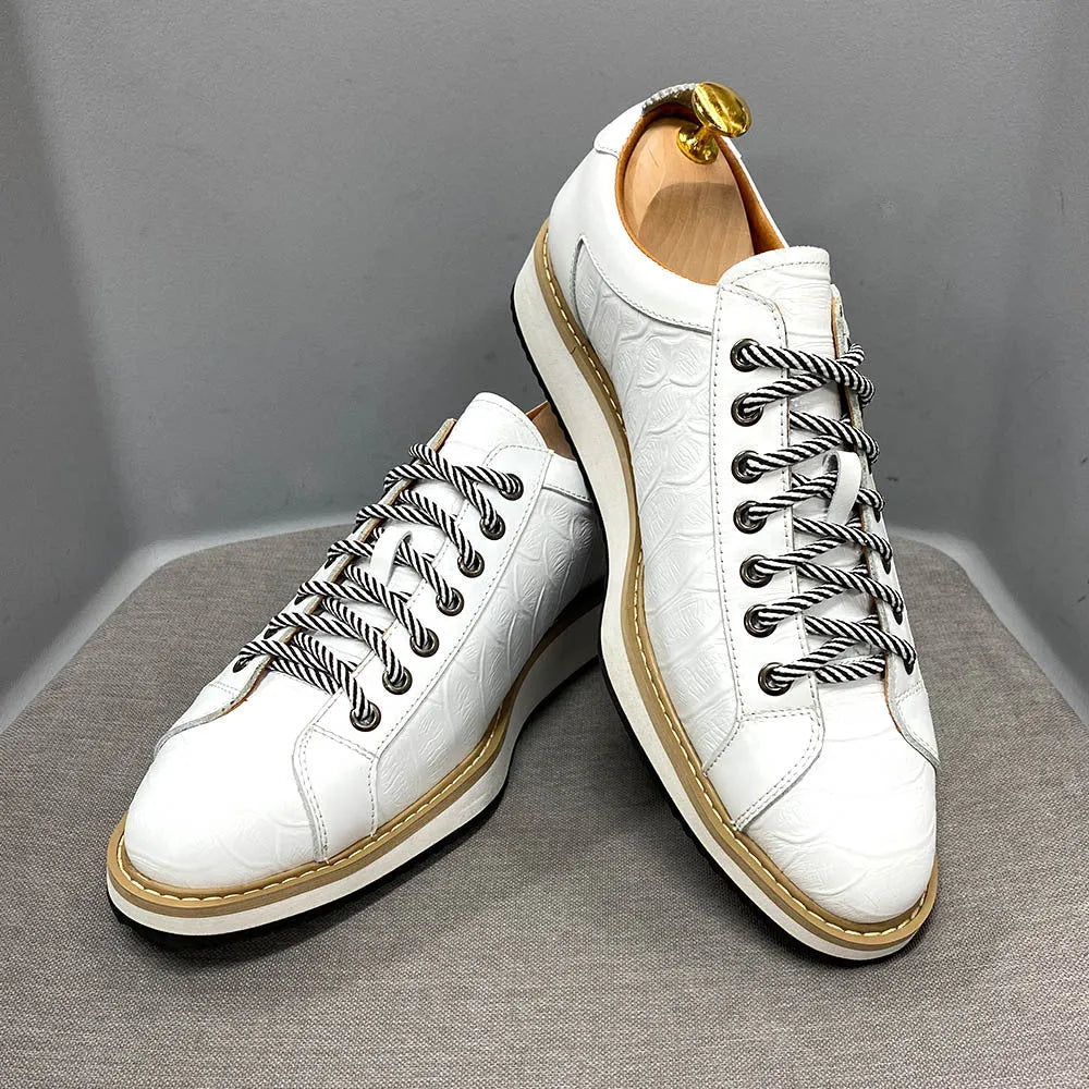 Men's pattern embossed handmade shoes in low tube height with front tie design in four colour options
