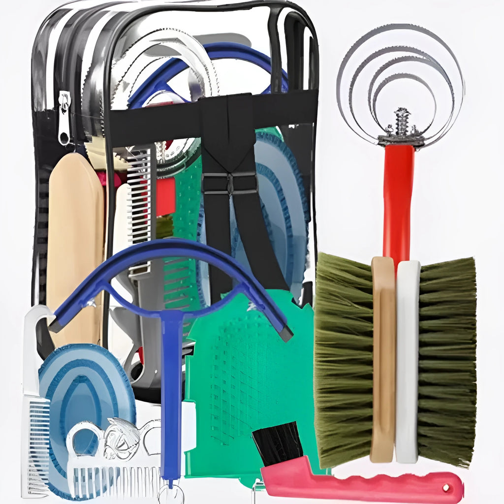 Equestrian supplies 10-piece horse brushing tool set with PP brushes, aluminum combs, and storage bag